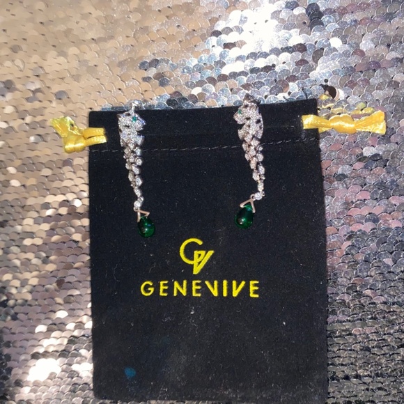 Genevive Sterling Silver Rhodium Plated Emerald and Clear CZ Fauna Drop Earrings - Picture 4 of 5